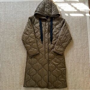 Mango Olive Green Quilted Hooded Long Coat